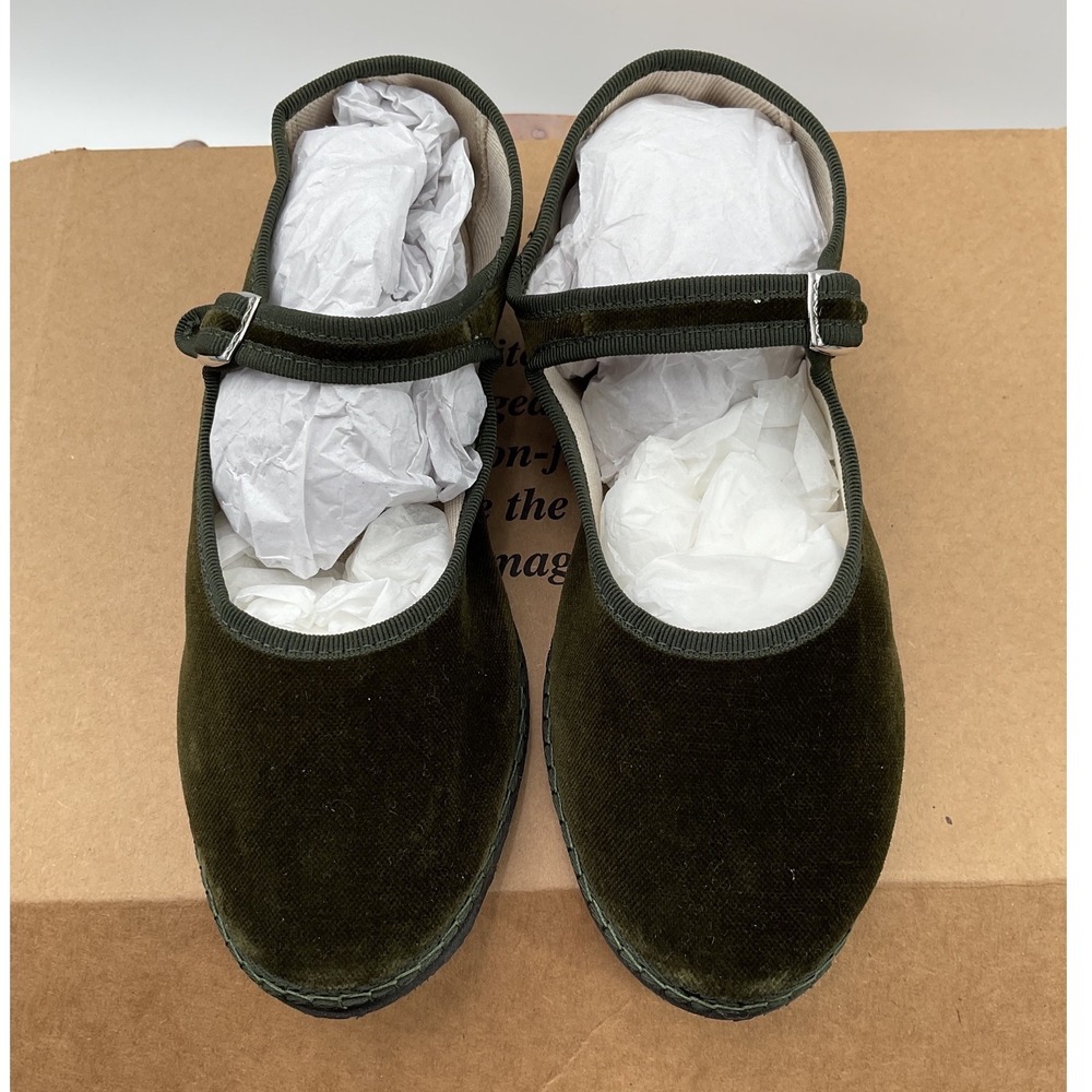 Vibi Venezia Womens Forest Green Velvet Mary Jane Flat Shoes Made in Italy